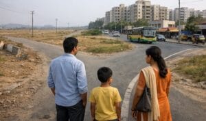 Family standing at a crossroads in India with apartments in background.