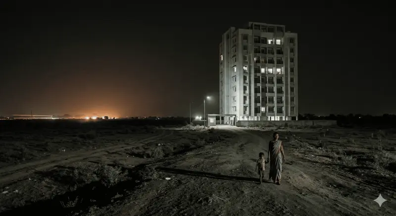 A lonely apartment tower standing in a dark, isolated field at night, symbolizing the 'apartment jail' risk where families are trapped far from roads, safety, and basic needs.
