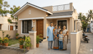 Indian family standing in front of their own house, representing home ownership and financial security