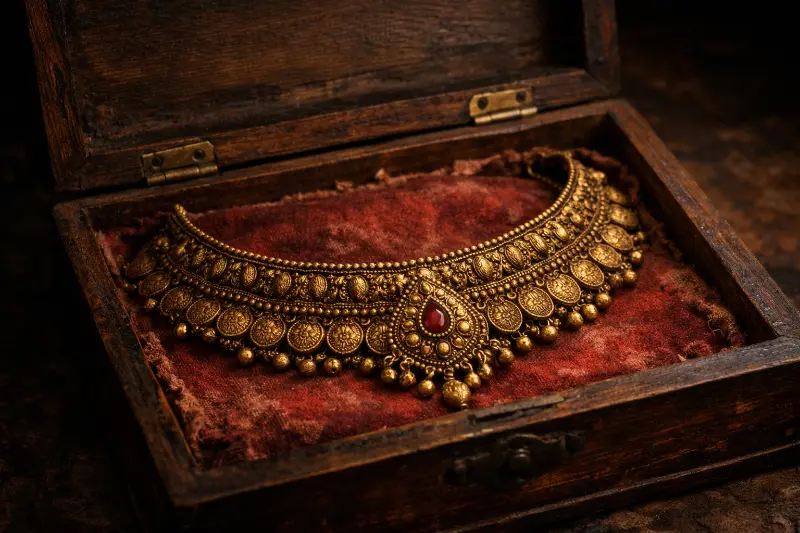 A traditional antique necklace in a wooden heirloom box, exploring the question: Is gold jewellery a good investment in India, or is its true value in heritage and legacy?