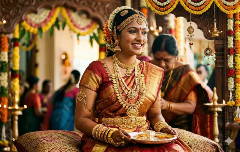 A South Indian bride wearing traditional gold jewelry representing the importance of choosing to buy physical gold in India for generational wealth and financial security.