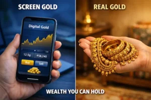 A comparison showing 'Screen Gold' on a mobile app versus 'Real Gold' in hand, emphasizing why you should buy physical gold in India for wealth you can actually hold.