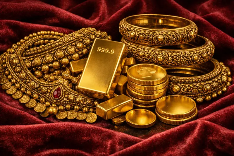 pile of physical gold coins, bars, and chains, illustrating the tangible security of buying gold the old-fashioned way instead of digital gold.