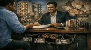 Illustration of the brutal truth about buying an apartment, showing hidden risks like land disputes and loan burdens.