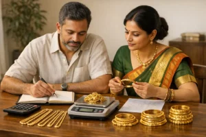 A couple performing a gold jewellery audit using the WealthDharma framework to plan their buying strategy
