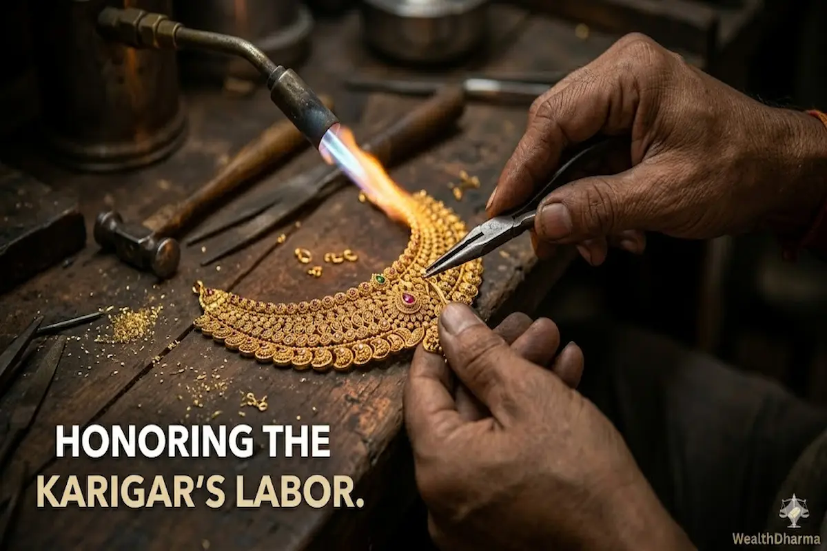A Karigar crafting a gold piece to show the labor behind the making charges in Gold Jewellery formula.