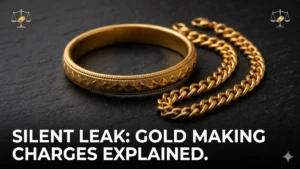 Close-up of a 22k gold bangle with geometric patterns and a solid gold chain, representing durable wealth versus making charge leaks.