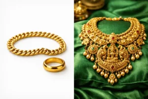 A comparison showing a simple plain gold chain and ring for dailywear next to an elaborate, heavy gold temple jewelry necklace.