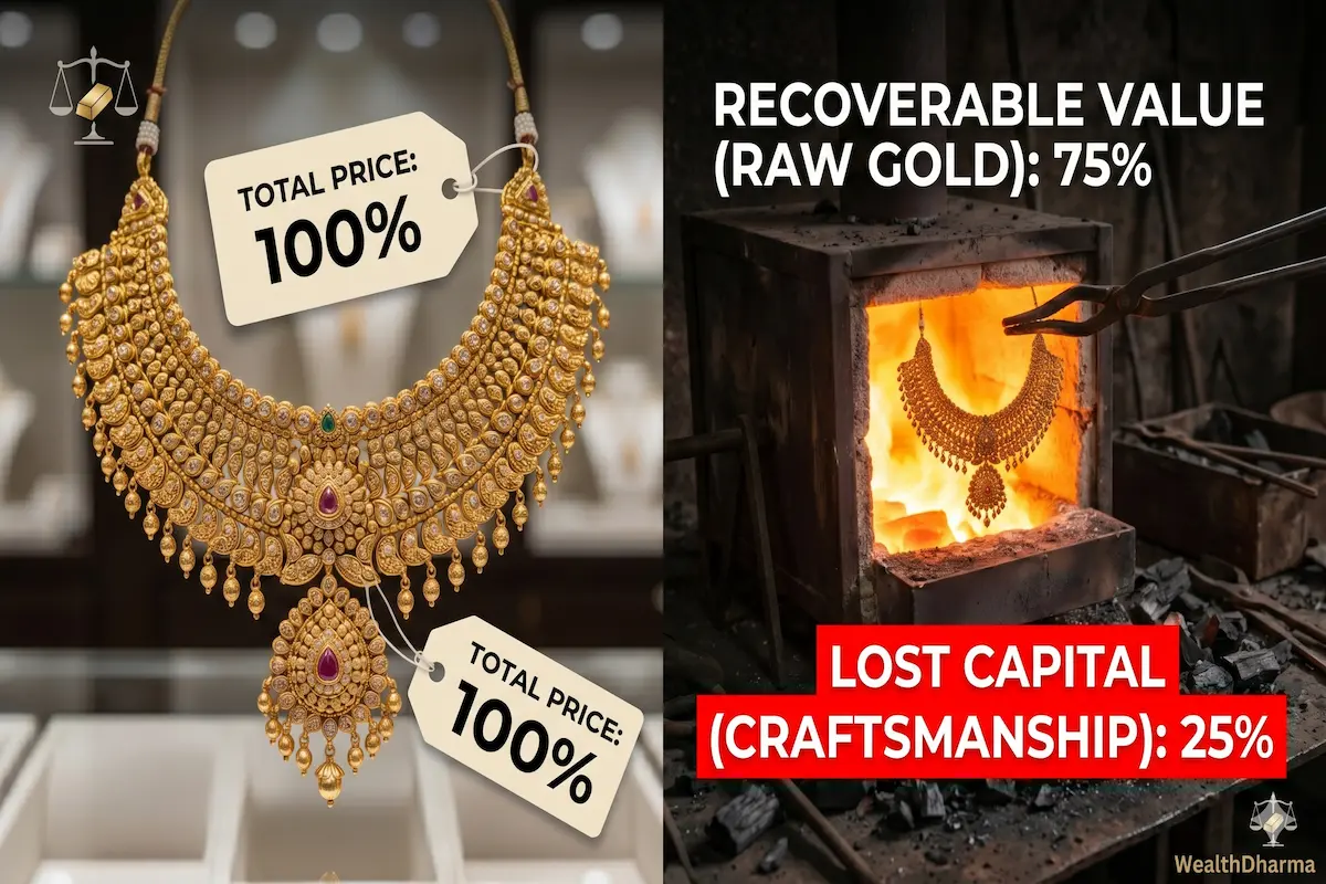 Infographic showing an intricate necklace in a furnace to illustrate the resale value of gold jewellery after melting
