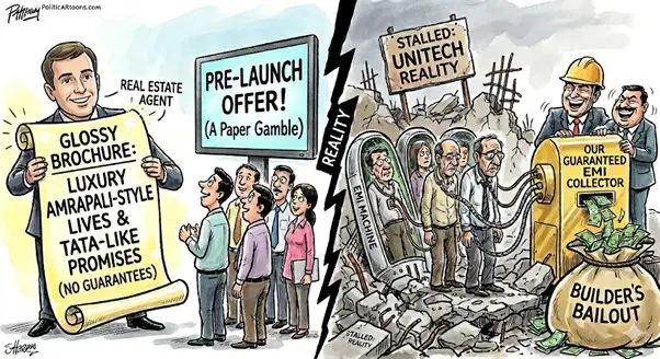 A political cartoon illustrating real estate scandals and risks like stalled projects and builder defaults compared to the security of a ready-to-move-apartment.