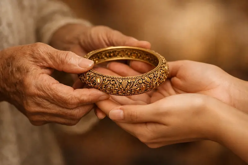 Older hands passing a traditional gold bangle to a younger generation, representing Stree-Dhan and the true value of gold jewellery as an investment in India