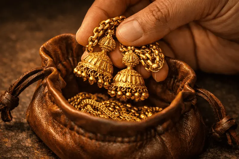 Carefully storing traditional, intricately designed gold jhumkas inside a rustic brown leather pouch