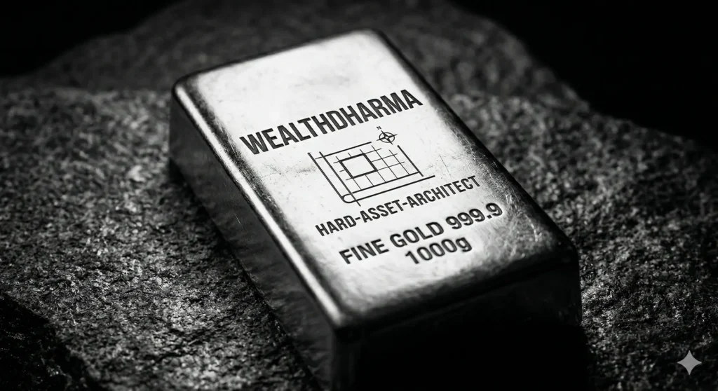 A high-contrast black and white image of a physical gold bar engraved with the WealthDharma logo