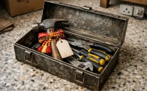 A hand tool kit wrapped with Indian wedding tassel — the best practical wedding gift in India for a new home