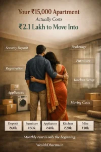 An Indian couple looking at an empty apartment, illustrating the hidden costs of renting a flat in India including security deposits, furniture, and brokerage fees.