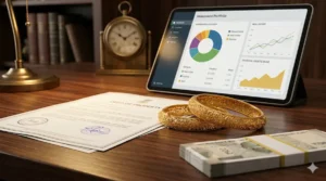 Physical gold jewelry, a property deed, and Indian currency alongside a digital investment portfolio, representing hard assets integrated into family wealth.