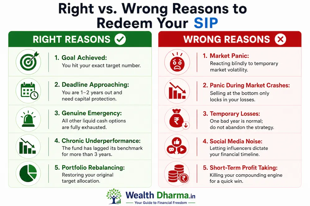 When should you redeem your SIP Mutual funds infographic showing right and wrong reasons