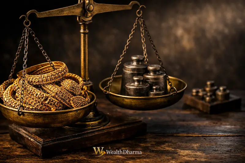 Heavy, solid Indian gold bangles and a necklace balanced on a vintage brass weighing scale, visually representing the hard assets needed when determining how much gold jewellery is enough for a family.