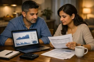 An Indian couple reviewing SIP mutual fund redemption decision at home