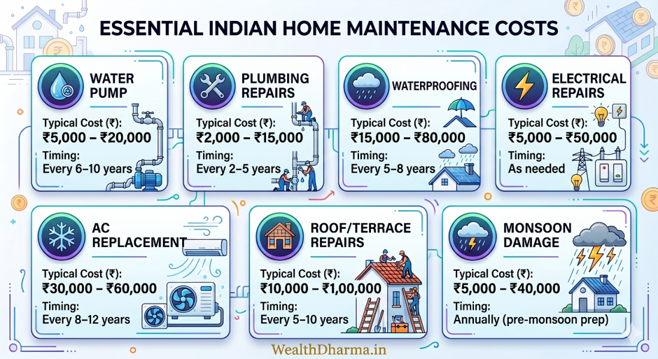 Saving for home repairs infographic showing typical Indian home repair costs for plumbing, waterproofing, electrical repairs, AC replacement, roof maintenance, and monsoon-related damage.