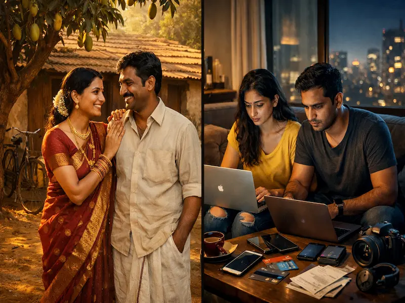 Comparison of an Indian family in the 1980s owning a house, gold jewellery, and other hard assets on a single income versus a modern couple with high salaries, EMIs, rent, and fewer hard assets.