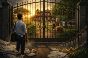 Illustration of a family locked out of physical assets after selling, unable to buy back gold jewellery or any hard assets because of rising prices.
