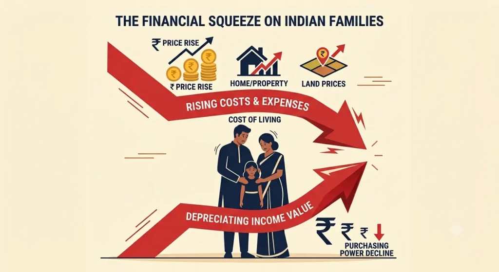 Indian middle class family squeezed between rising gold and property prices and shrinking savings — inflation destroying wealth in India