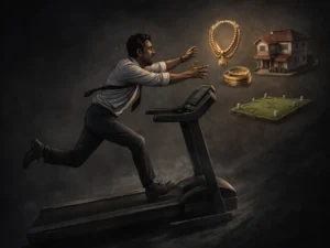 Illustration of a salaried man running on a treadmill trying to buy back gold jewellery once sold, while gold, land, and a family home move further away.