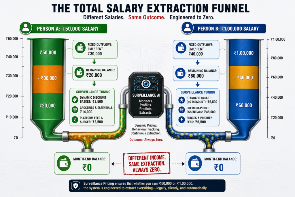 Surveillance pricing infographic showing how algorithms extract ₹50,000 and ₹1,00,000 salaries