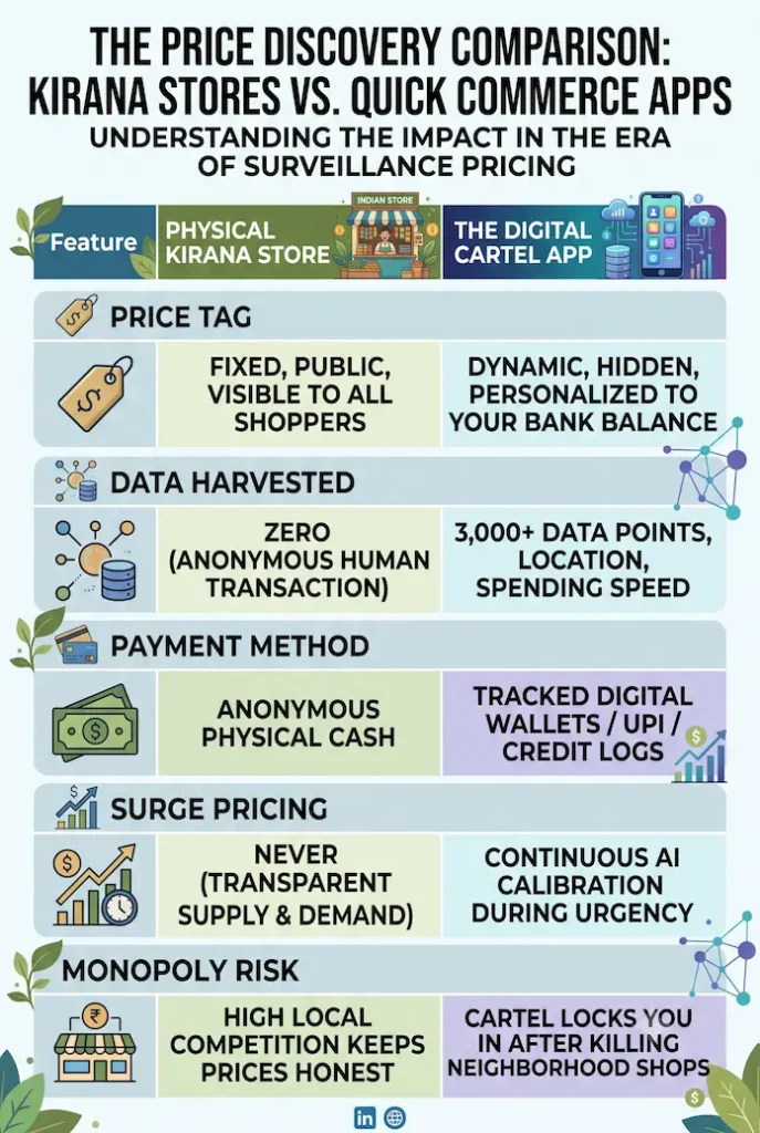 A comparison infographic titled "The Price Discovery Comparison: Kirana Stores vs. Quick Commerce Apps." It features a side-by-side table comparing Physical Kirana Stores and Digital Cartel Apps across five factors: Price Tag, Data Harvested, Payment Method, Surge Pricing, and Monopoly Risk. Kirana stores are shown as transparent and privacy-respecting, while quick commerce apps are described as dynamic, data-intensive, and prone to cartel behavior.