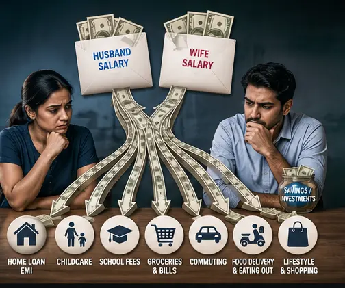 second salary consumed by life style expenses, commuting, EMIs and child care costs.
