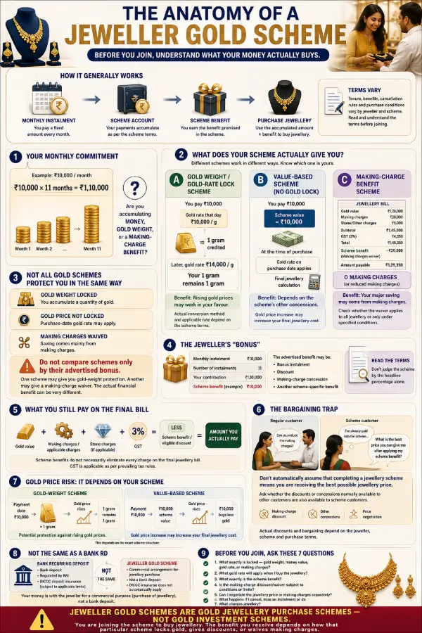 Is jewellery gold scheme an investment? A gold jewellery scheme is a jewellery purchase scheme, not a gold investment scheme.