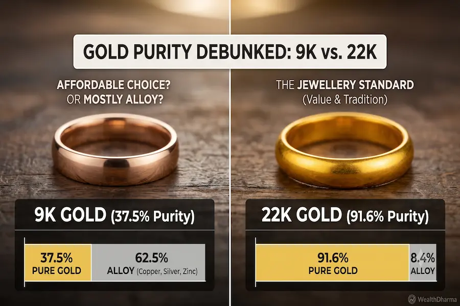 Detailed infographic breaking down whether 9 karat gold real gold or copper, revealing that 9K gold is only 37.5% pure gold compared to the 91.6% purity of 22K.