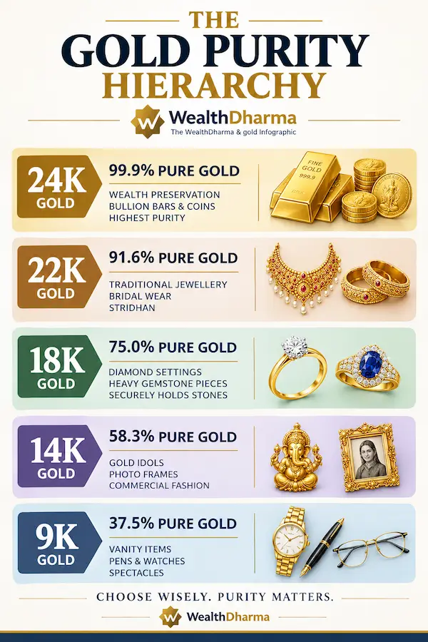 Infographic by WealthDharma explaining the Gold Purity Hierarchy, detailing the appropriate uses for 24K (investment), 22K (jewellery standard), 18K (diamonds), 14K (decorative), and 9K (vanity) gold